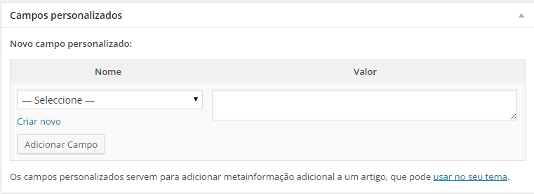 Campos personalizados  Como criar um post no WordPress: Outras Opções post campos